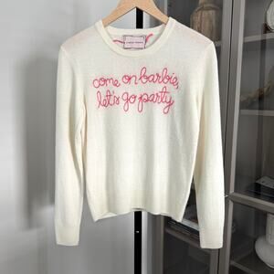 LINGUA FRANCA White Come On Barbie Cashmere Sweater XS Pink Embroidered Crewneck